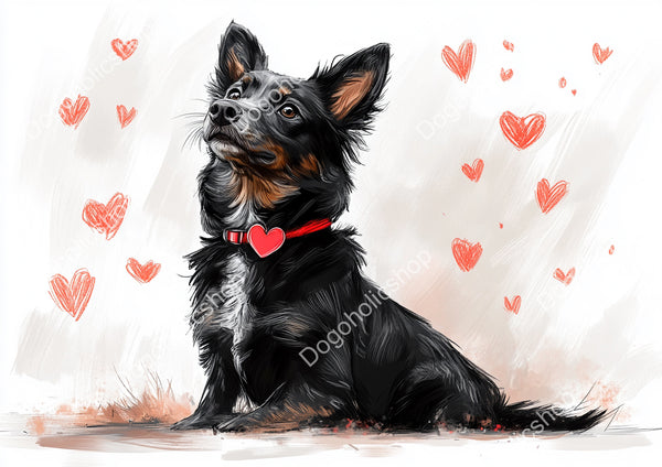 Minimalist Australian Kelpie Stock Image – Modern Sketch with Heart Collar and Simple Valentine’s Day Accents