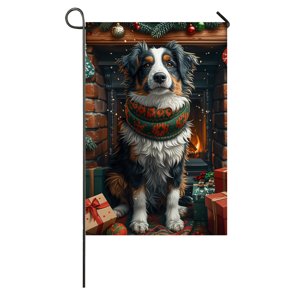 Australian Shepherd Dog Christmas Garden Flag & House Flag | Kawaii Holiday Art | Cute Australian Shepherd in Cozy Sweater by Fireplace