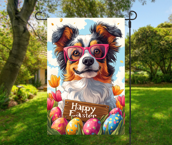 Australian Shepherd Dog Easter Garden Flag – Cute Spring Tulip Decor