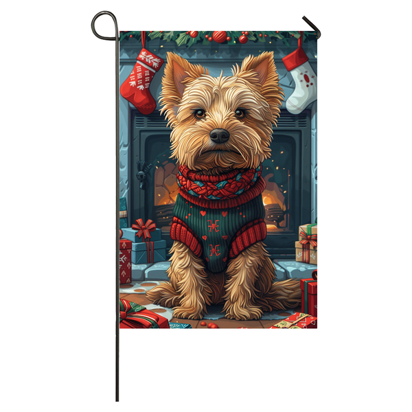 Australian Terrier Dog Christmas Garden Flag & House Flag | Kawaii Holiday Art | Cute Australian Terrier in Cozy Sweater by Fireplace