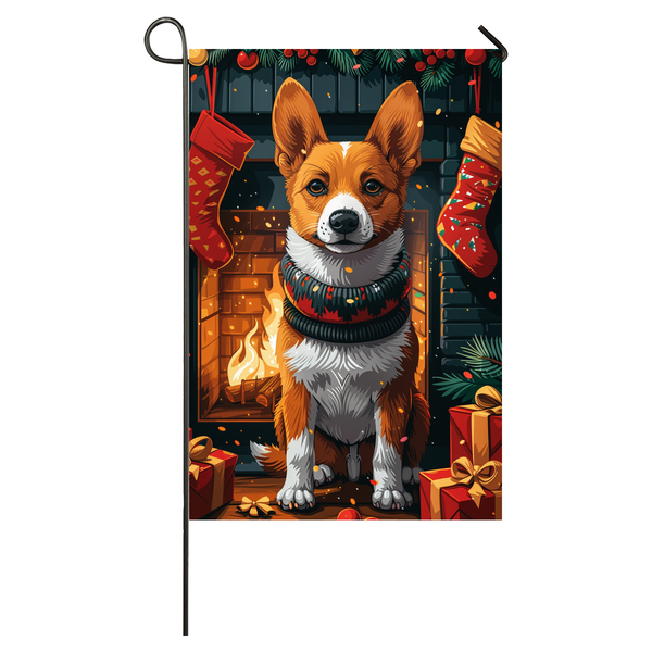 Basenji Dog Christmas Garden Flag & House Flag | Kawaii Holiday Art | Cute Basenji in Cozy Sweater by Fireplace