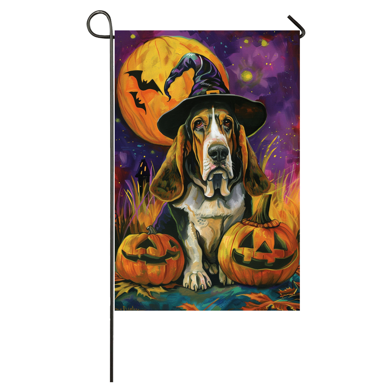 Basset Hound Dog Halloween Garden Flag, Spooky Dog Witch Halloween House Flag