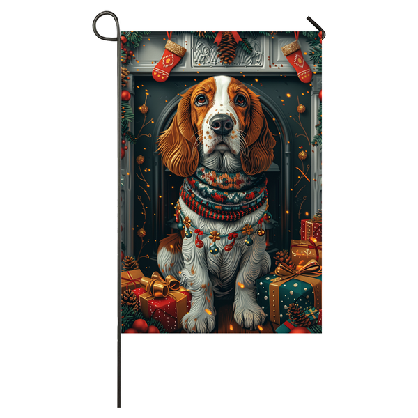 Basset Hound Dog Christmas Garden Flag & House Flag | Kawaii Holiday Art | Cute Basset Hound in Cozy Sweater by Fireplace