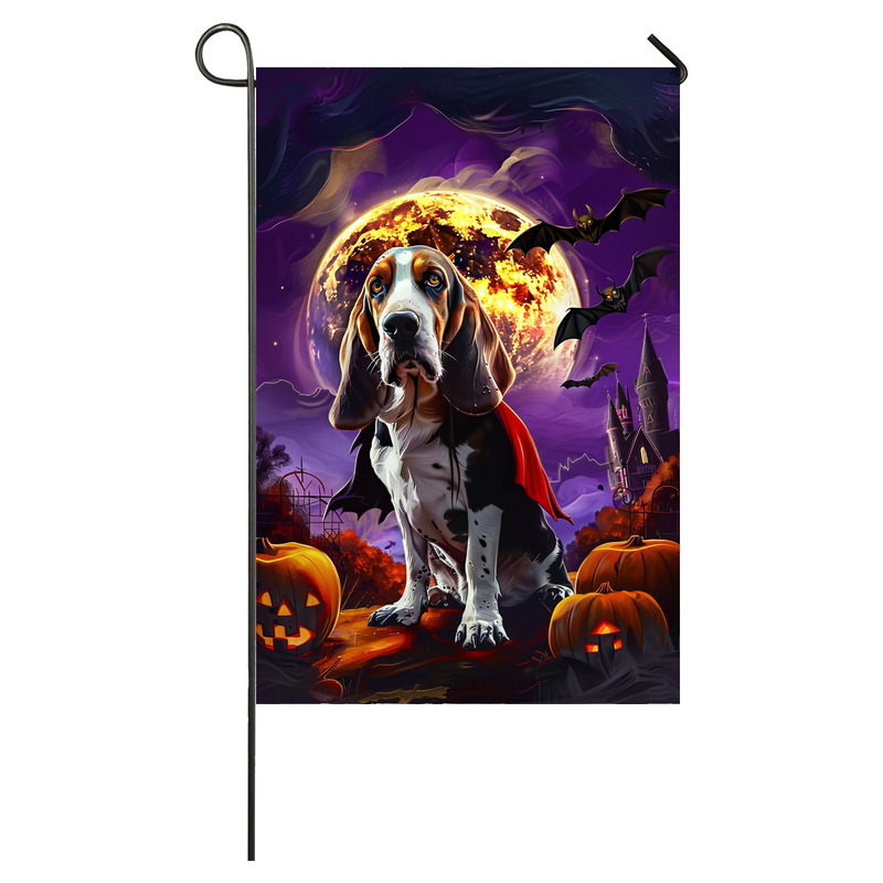 Basset Hound Dog Halloween Garden Flag, Spooky Dog Vampire Halloween House Flag