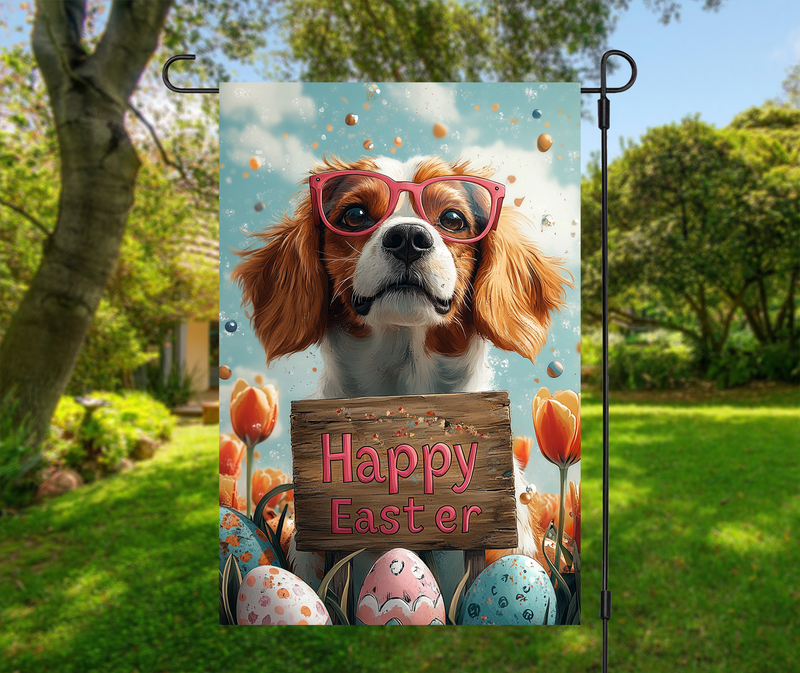 Basset Hound Dog Easter Garden Flag – Cute Spring Tulip Decor