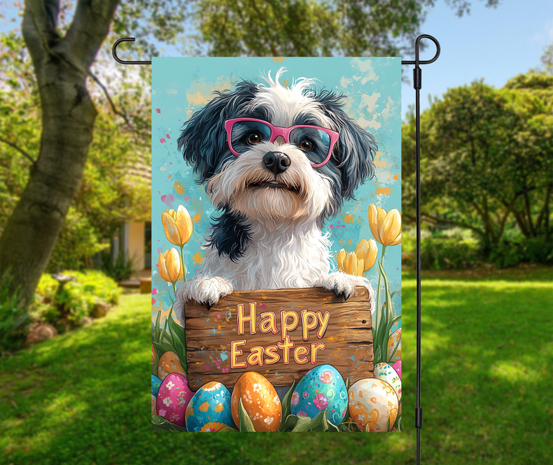 Bearded Collie Dog Easter Garden Flag – Cute Spring Tulip Decor