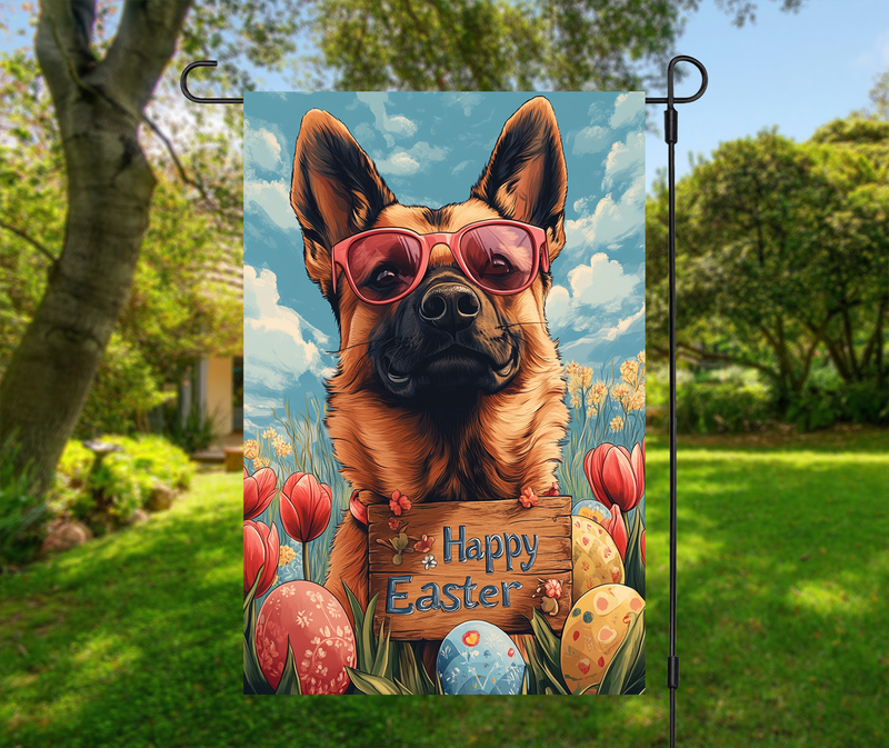 Belgian Malinois Dog Easter Garden Flag – Cute Spring Tulip Decor