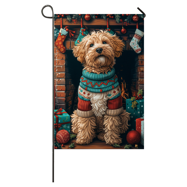 Bernedoodle Dog Christmas Garden Flag & House Flag | Kawaii Holiday Art | Cute Bernedoodle in Cozy Sweater by Fireplace