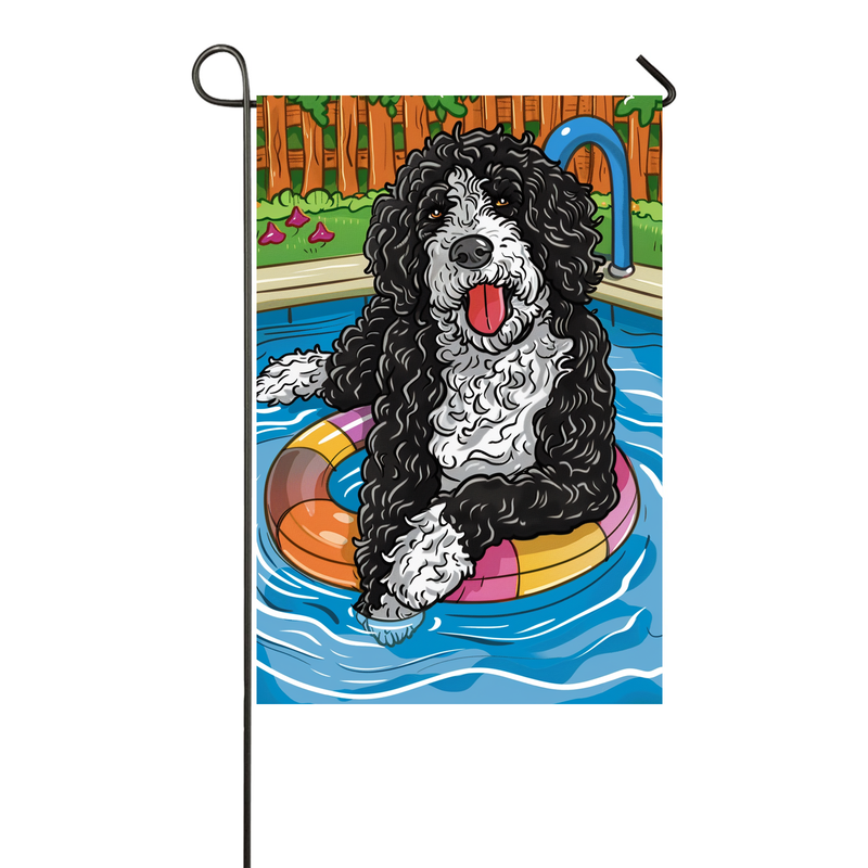 Bernedoodle Dog Swimming Pool Garden Flag - Colorful Summer Outdoor Decor for Dog Lovers