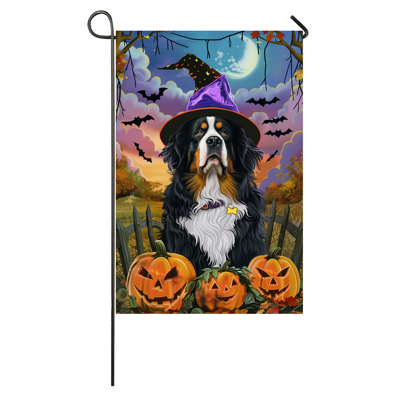 Bernese Mountain Dog Halloween Garden Flag, Spooky Dog Witch Halloween House Flag