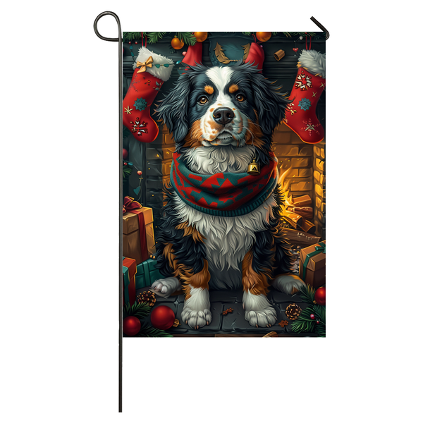 Bernese Mountain Dog Christmas Garden Flag & House Flag | Kawaii Holiday Art | Cute Bernese Mountain in Cozy Sweater by Fireplace