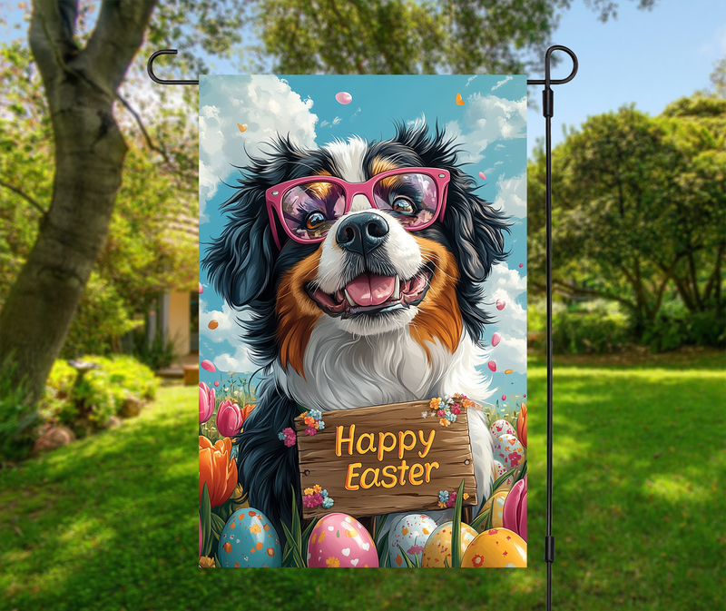 Bernese Mountain Dog Easter Garden Flag – Cute Spring Tulip Decor