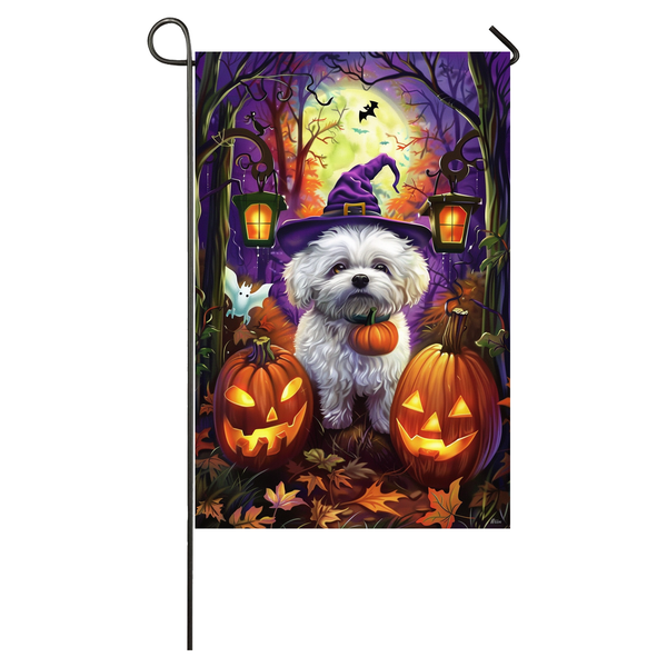 Bichon Frise Dog Halloween Garden Flag, Spooky Dog Witch Halloween House Flag