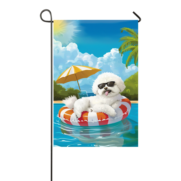 Bichon Frise Dog Swimming Pool Garden Flag - Colorful Summer Outdoor Decor for Dog Lovers