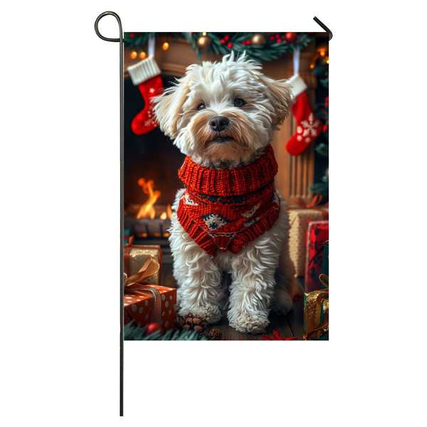 Bichon Frise Dog Christmas Garden Flag & House Flag | Kawaii Holiday Art | Cute Bichon Frise in Cozy Sweater by Fireplace