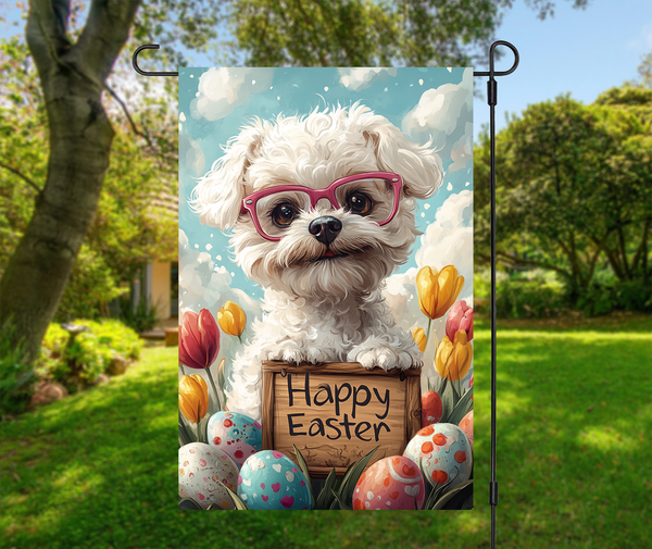 Bichon Frise Dog Easter Garden Flag – Cute Spring Tulip Decor