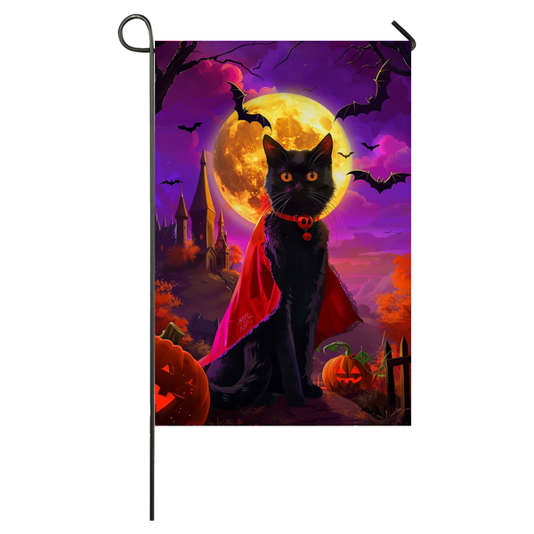 Black Cat Halloween Garden Flag, Spooky Cat Vampire Halloween House Flag