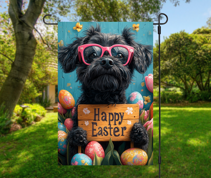 Black Russian Terrier Dog Easter Garden Flag – Cute Spring Tulip Decor