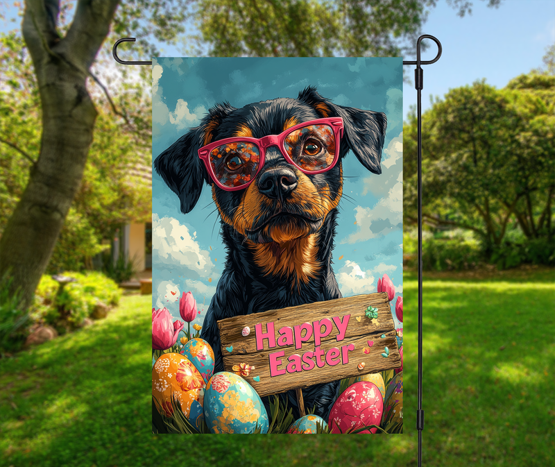 Black Tan Coonhound Dog Easter Garden Flag – Cute Spring Tulip Decor