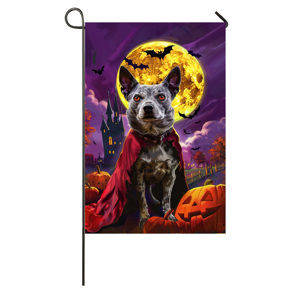 Blue Heeler Dog Halloween Garden Flag, Spooky Dog Vampire Halloween House Flag