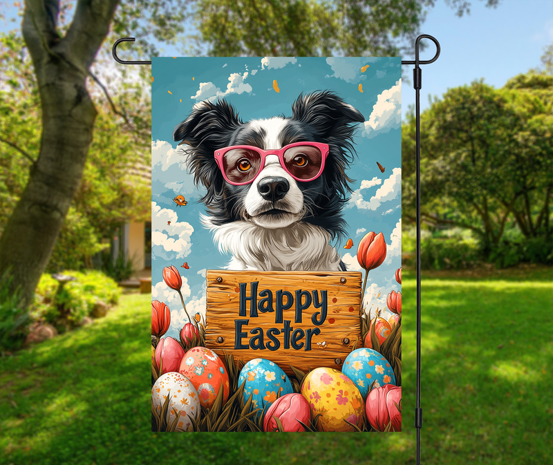 Border Collie Dog Easter Garden Flag – Cute Spring Tulip Decor