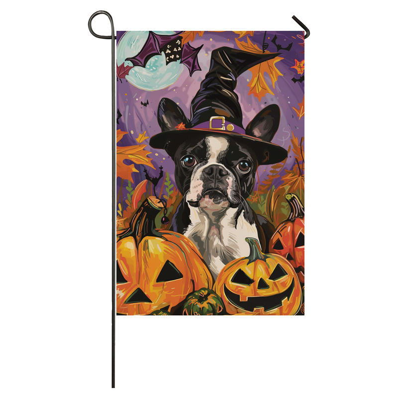 Boston Terrier Dog Halloween Garden Flag, Spooky Dog Witch Halloween House Flag