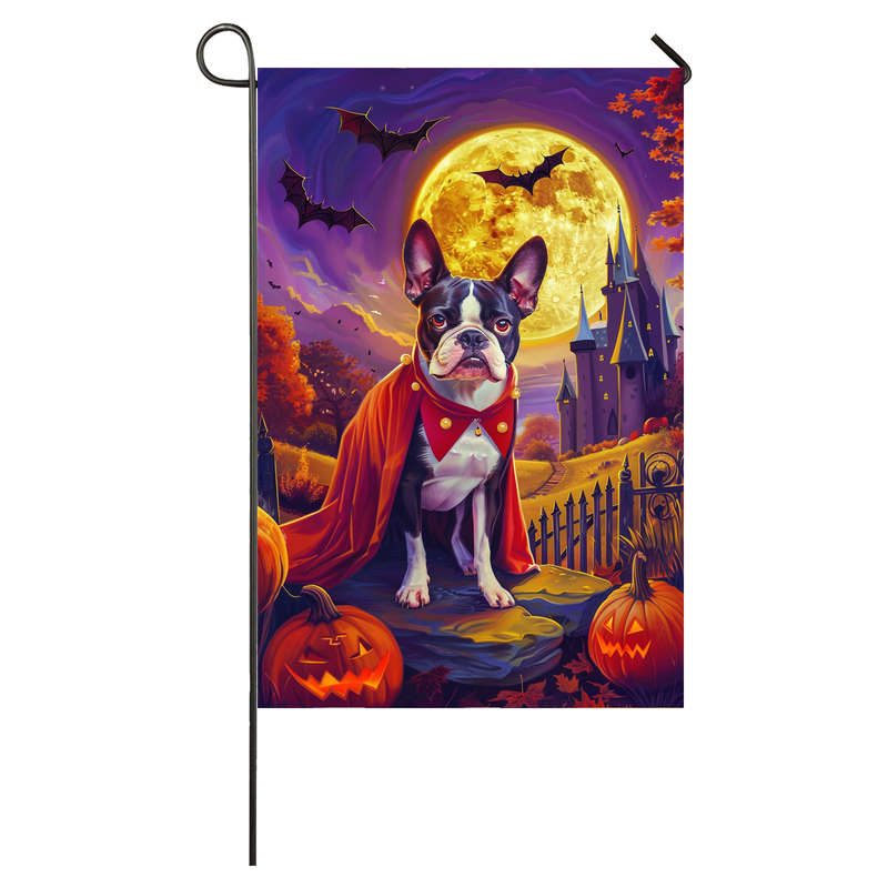 Boston Terrier Dog Halloween Garden Flag, Spooky Dog Vampire Halloween House Flag