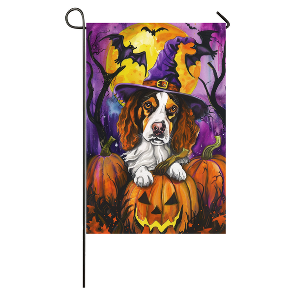 Brittany Spaniel Dog Halloween Garden Flag, Spooky Dog Witch Halloween House Flag