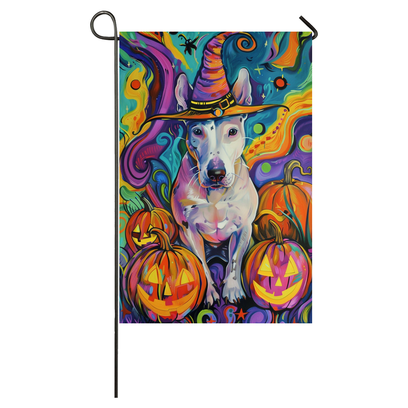 Bull Terrier Dog Halloween Garden Flag, Spooky Dog Witch Halloween House Flag