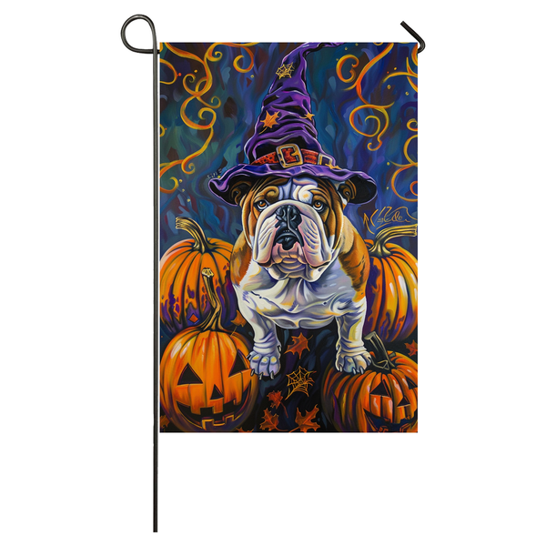 Bulldog Dog Halloween Garden Flag, Spooky Dog Witch Halloween House Flag