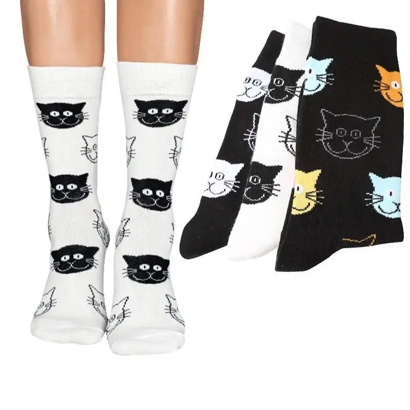 4 Pairs of Fun and Whimsical Cat Design Cotton Socks for Women and Men - Cute and Cozy Novelty Animal Socks