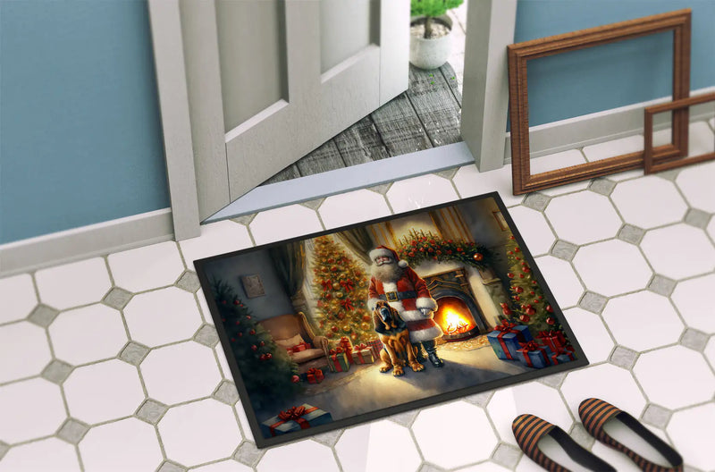 Christmas Doormat with Bloodhound Dog, Santa Claus, Christmas Tree & Fireplace – Holiday Door Mat for Indoor or Outdoor Use