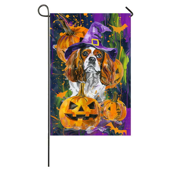 Cavalier King Charles Spaniel Dog Halloween Garden Flag, Spooky Dog Witch Halloween House Flag