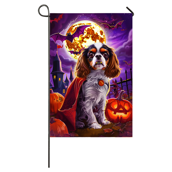 Cavalier King Charles Spaniel Dog Halloween Garden Flag, Spooky Dog Vampire Halloween House Flag