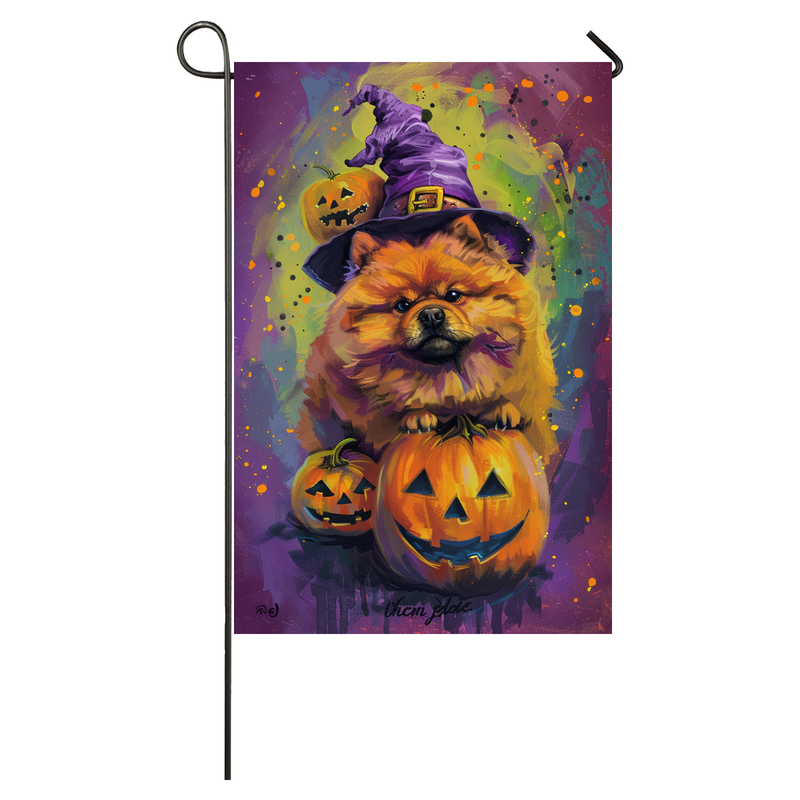 Chow Chow Dog Halloween Garden Flag, Spooky Dog Witch Halloween House Flag