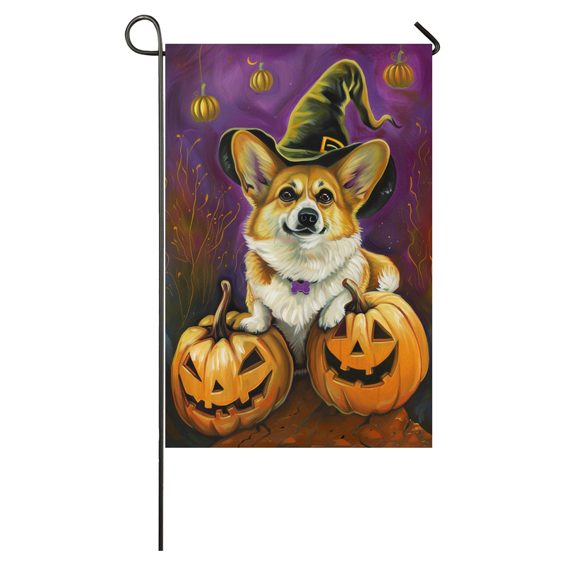 Corgi Dog Halloween Garden Flag, Spooky Dog Witch Halloween House Flag