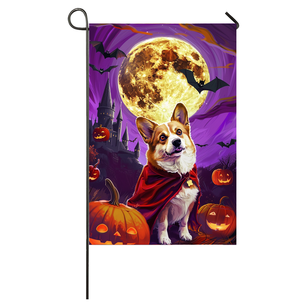 Corgi Dog Halloween Garden Flag, Spooky Dog Vampire Halloween House Flag