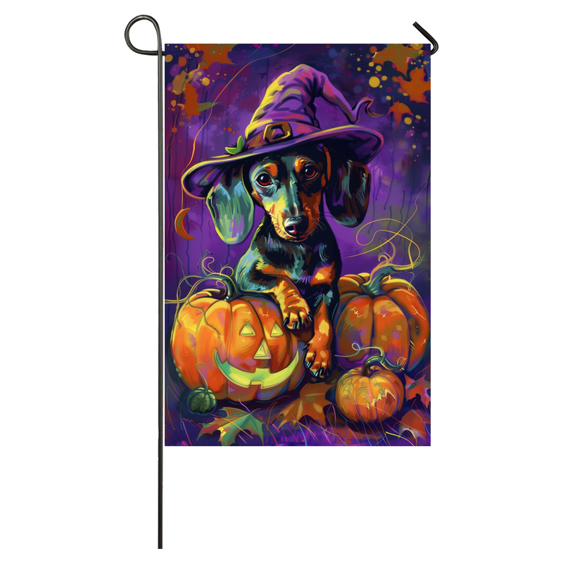 Dachshund Dog Halloween Garden Flag, Spooky Dog Witch Halloween House Flag