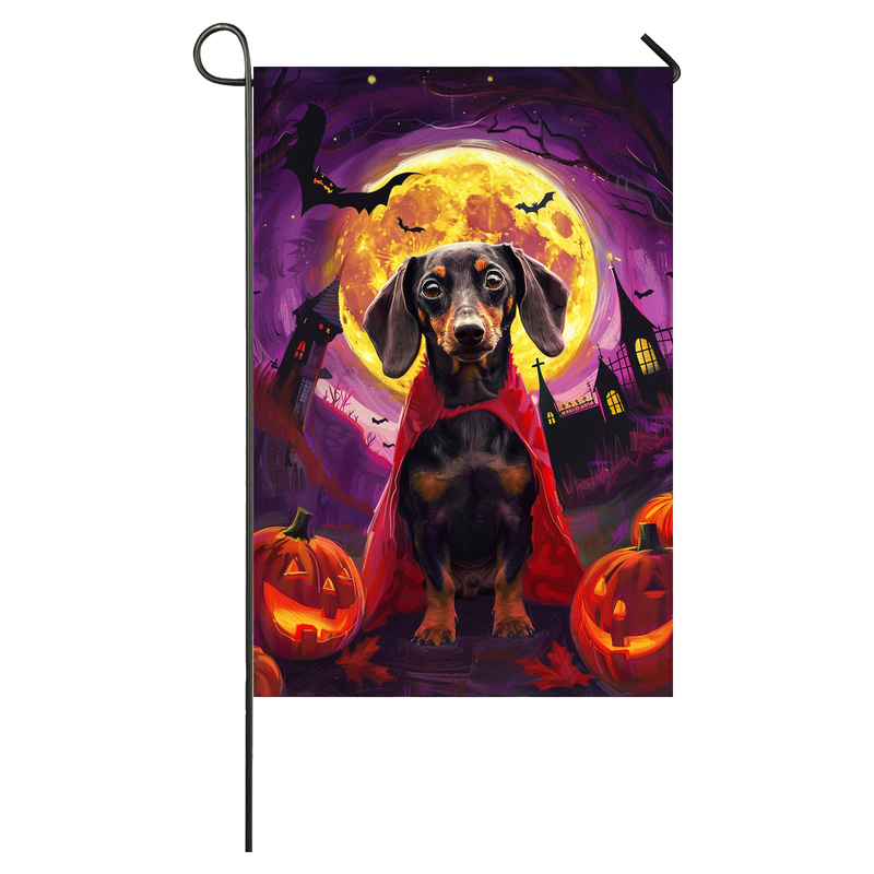 Dachshund Dog Halloween Garden Flag, Spooky Dog Vampire Halloween House Flag