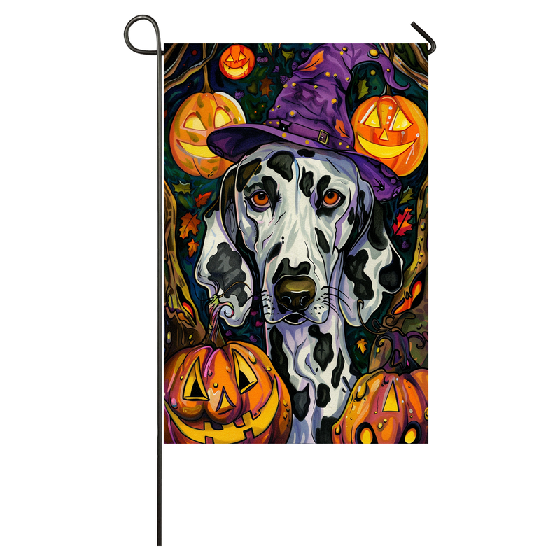 Dalmatian Dog Halloween Garden Flag, Spooky Dog Witch Halloween House Flag