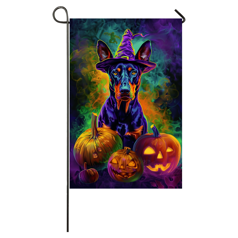 Doberman Dog Halloween Garden Flag, Spooky Dog Witch Halloween House Flag