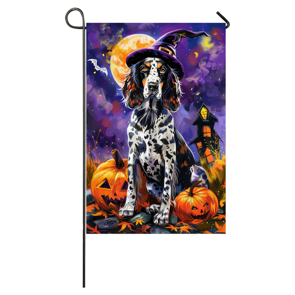 English Setter Dog Halloween Garden Flag, Spooky Dog Witch Halloween House Flag