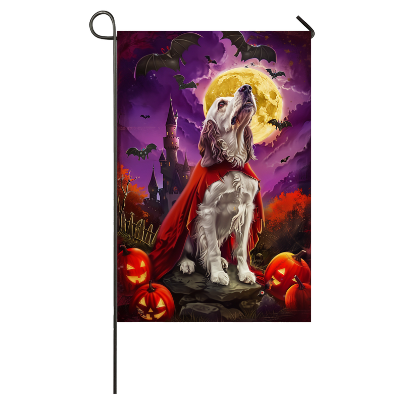 English Setter Dog Halloween Garden Flag, Spooky Dog Vampire Halloween House Flag