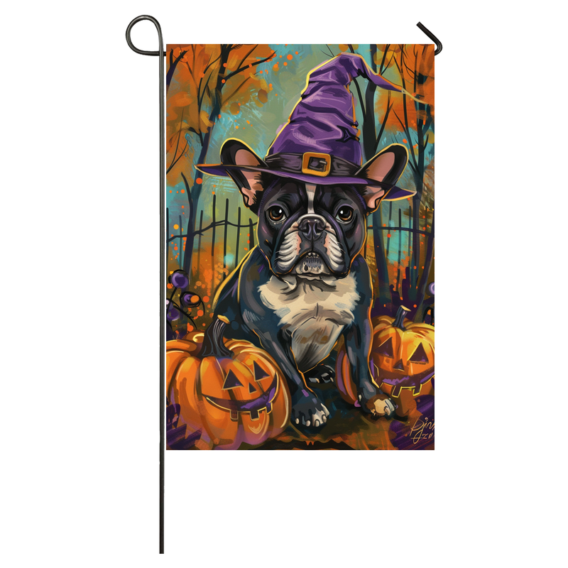 French Bulldog Dog Halloween Garden Flag, Spooky Dog Witch Halloween House Flag