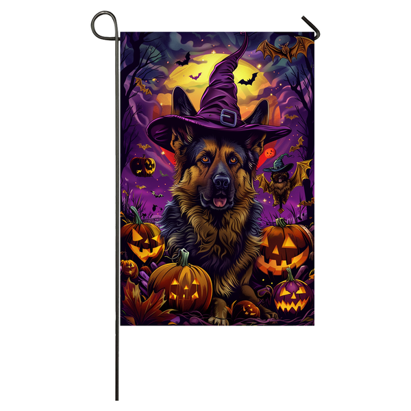 German Shepherd Dog Halloween Garden Flag, Spooky Dog Witch Halloween House Flag