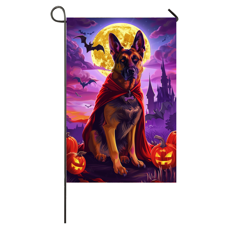 German Shepherd Dog Halloween Garden Flag, Spooky Dog Vampire Halloween House Flag