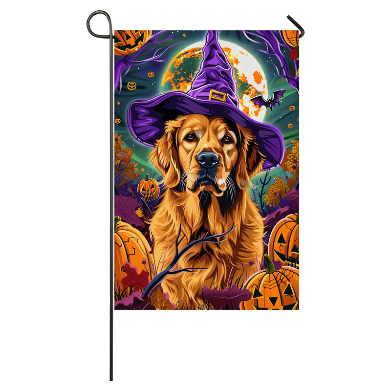 Golden Retriever Dog Halloween Garden Flag, Spooky Dog Witch Halloween House Flag