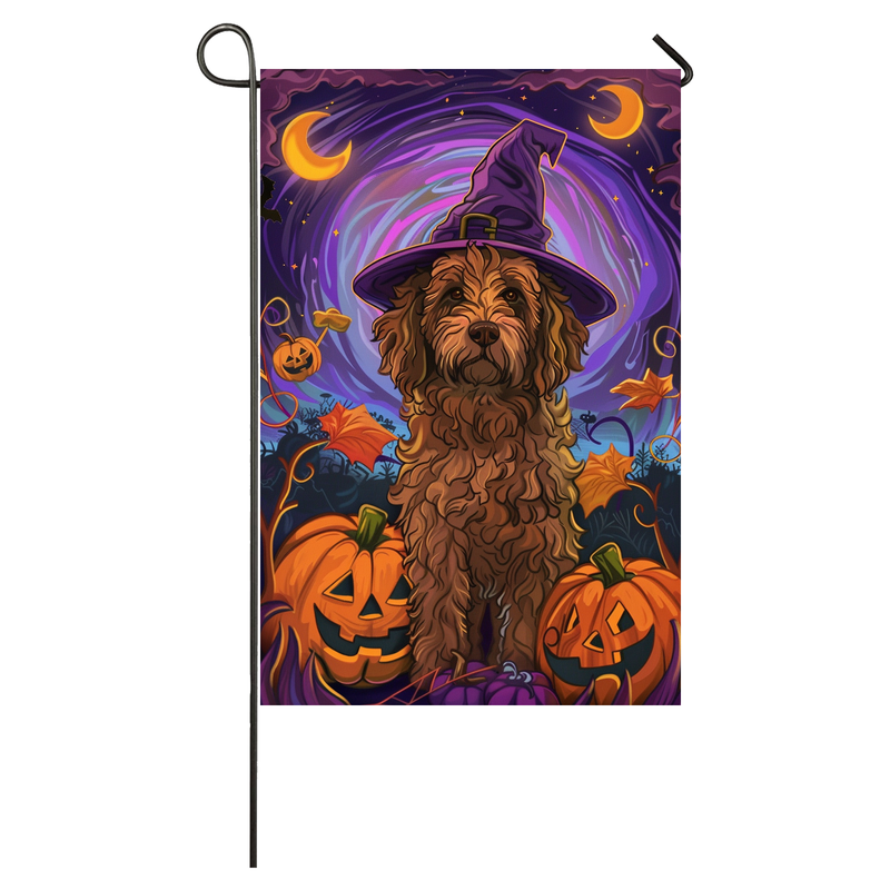 Goldendoodle Dog Halloween Garden Flag, Spooky Dog Witch Halloween House Flag