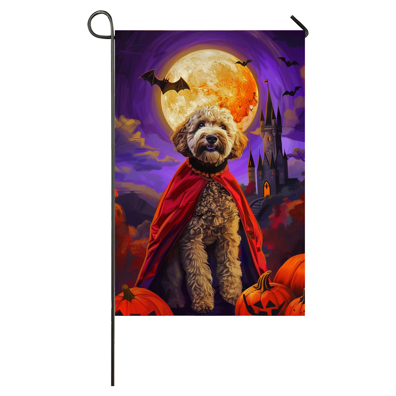 Goldendoodle Dog Halloween Garden Flag, Spooky Dog Vampire Halloween House Flag