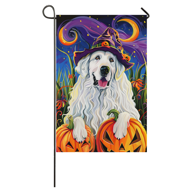 Great Pyrenees Dog Halloween Garden Flag, Spooky Dog Witch Halloween House Flag